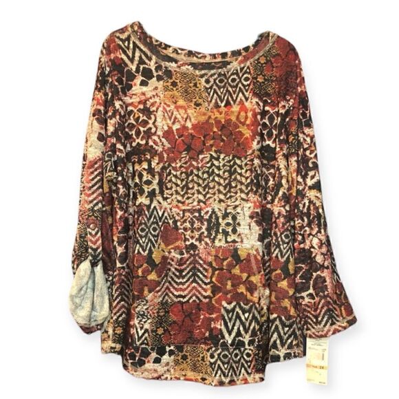 NWT Ruby Rd. Blouse Red Black Tan Grey Button-up Sleeves 2 Front Pockets Size 2X - Picture 1 of 3